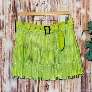 Lime Green Metallic Belted Fringe Skirt